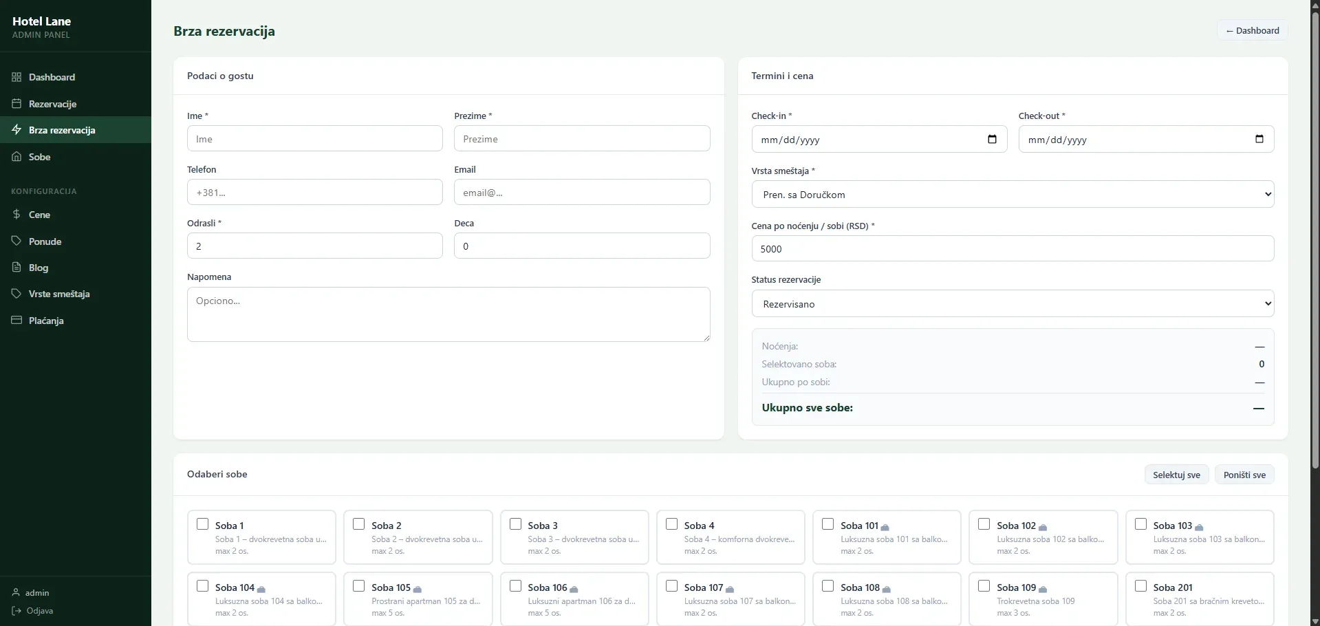 Admin panel, quick booking screen for several rooms at once