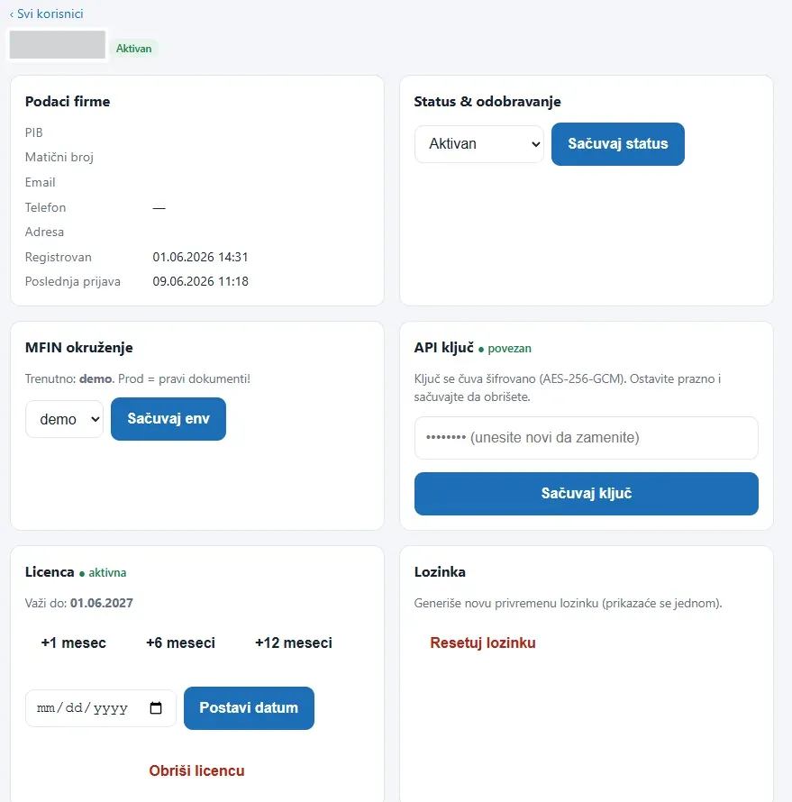 Admin panel, podešavanje jednog korisnika sa licencom i API ključem