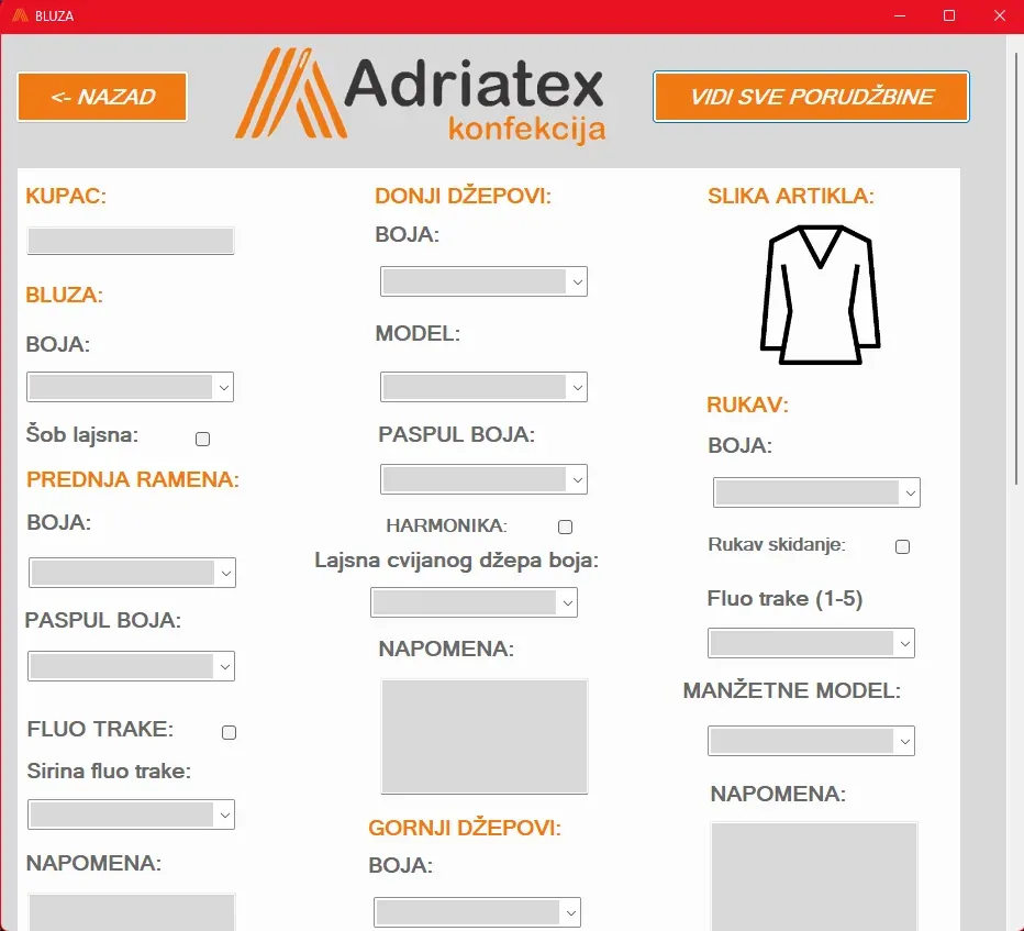 The new order form for a jacket, with fields grouped into three columns