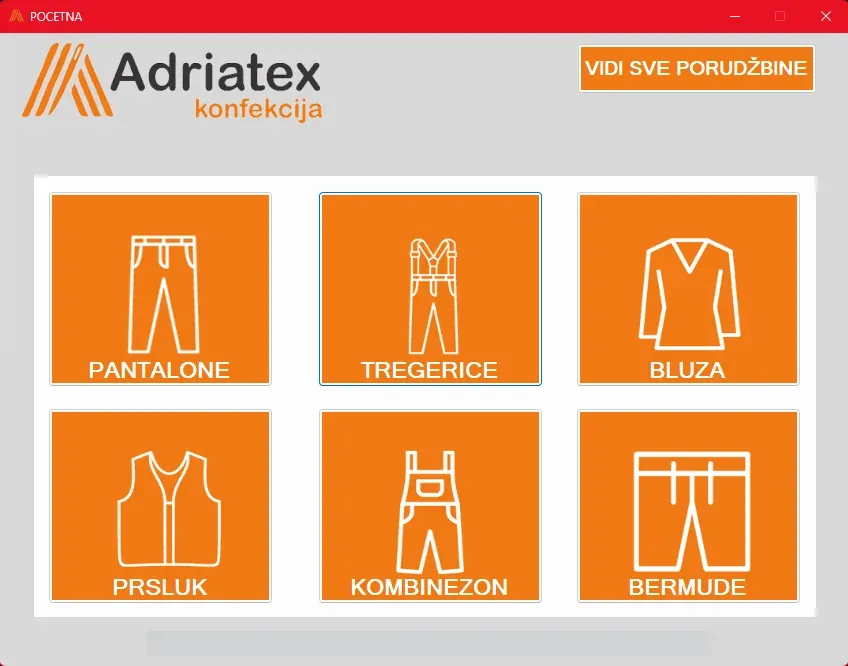 Naslovni ekran aplikacije sa šest tipova artikla — pantalone, tregerice, bluza, prsluk, kombinezon i bermude
