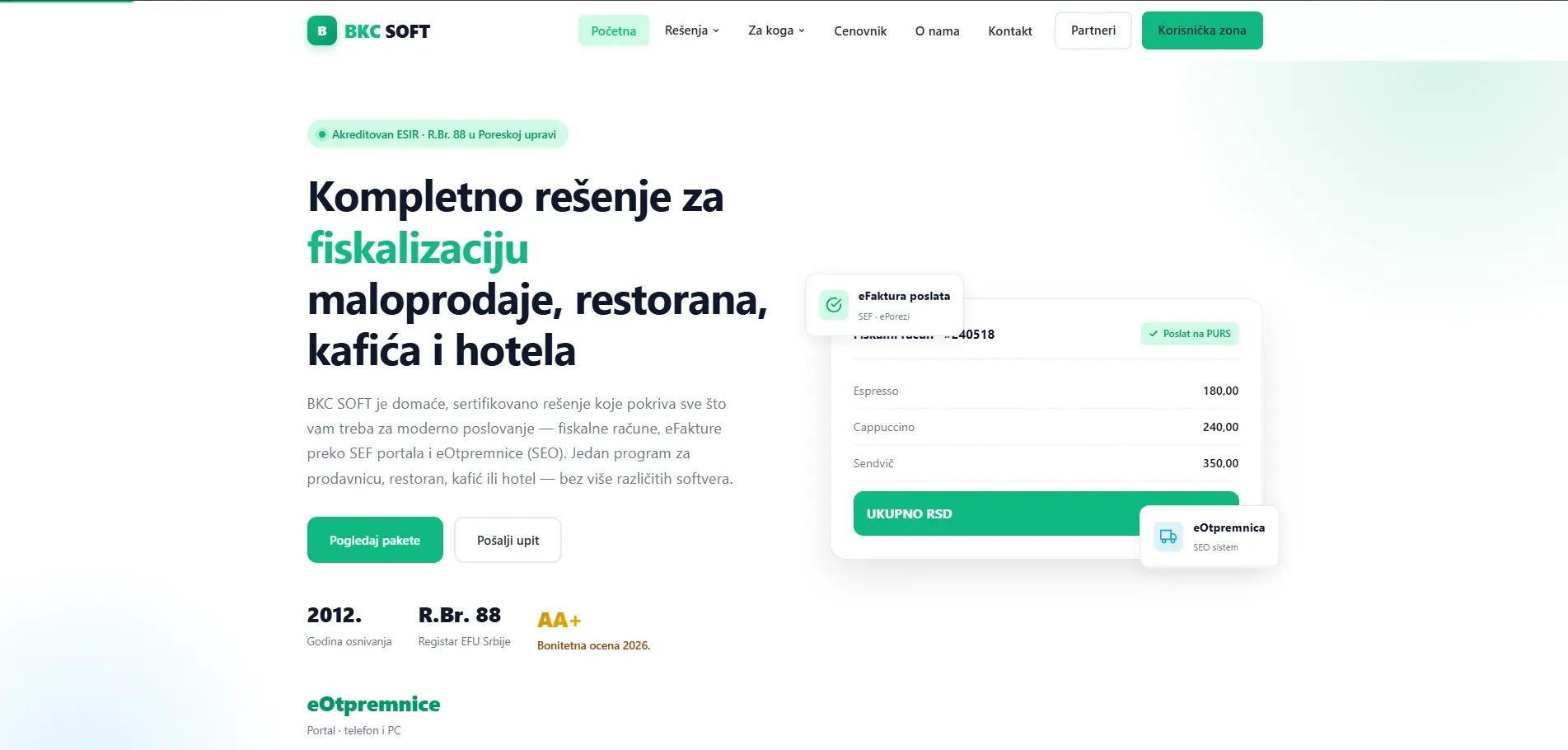 Naslovna strana sajta BKC Soft sa opisom rešenja za fiskalizaciju