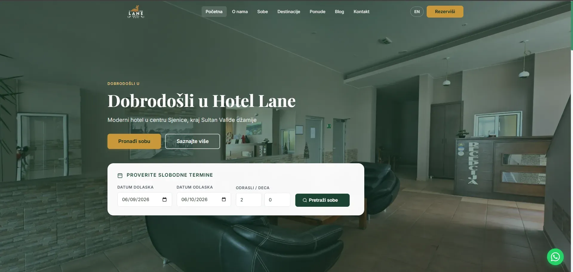 Naslovna strana sajta Hotel Lane sa formom za proveru slobodnih termina