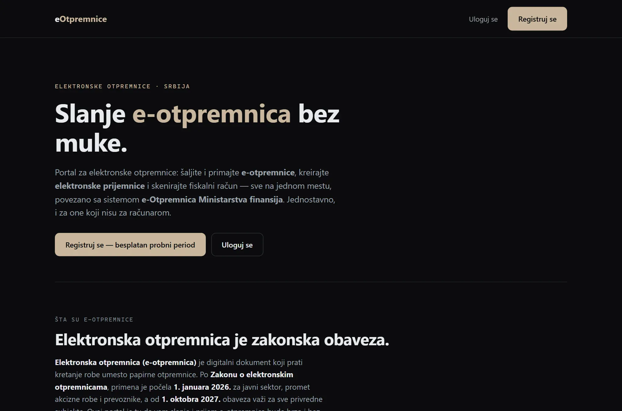 Početna strana portala eOtpremnice — slanje elektronskih otpremnica uz besplatan probni period