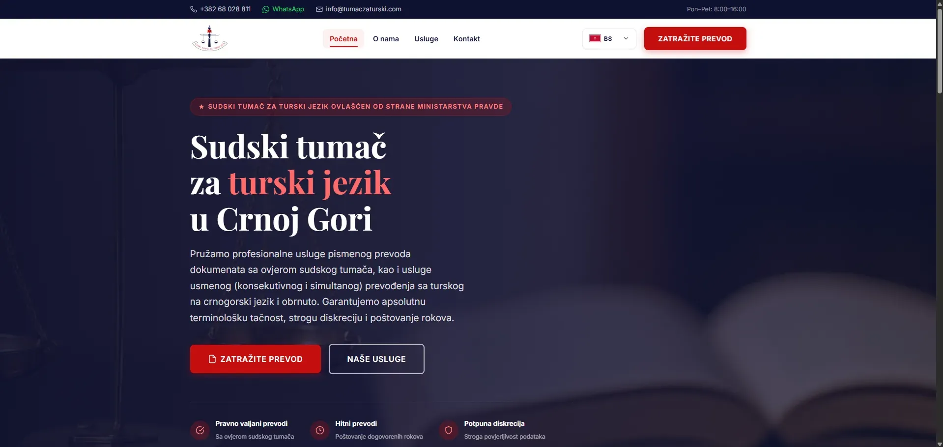 Naslovna strana sajta sudskog tumača za turski jezik