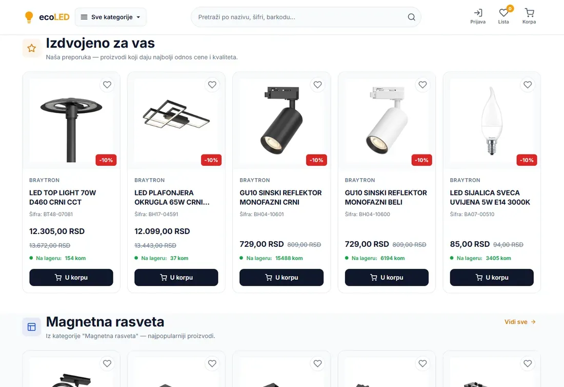 EcoLED shop home page with featured products, prices and stock levels