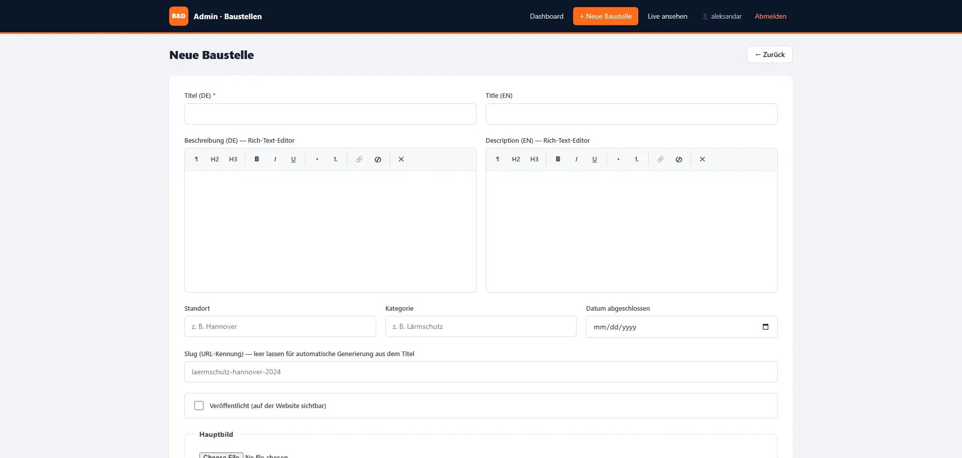 German-language admin panel, the form for adding a new construction site with fields for both languages