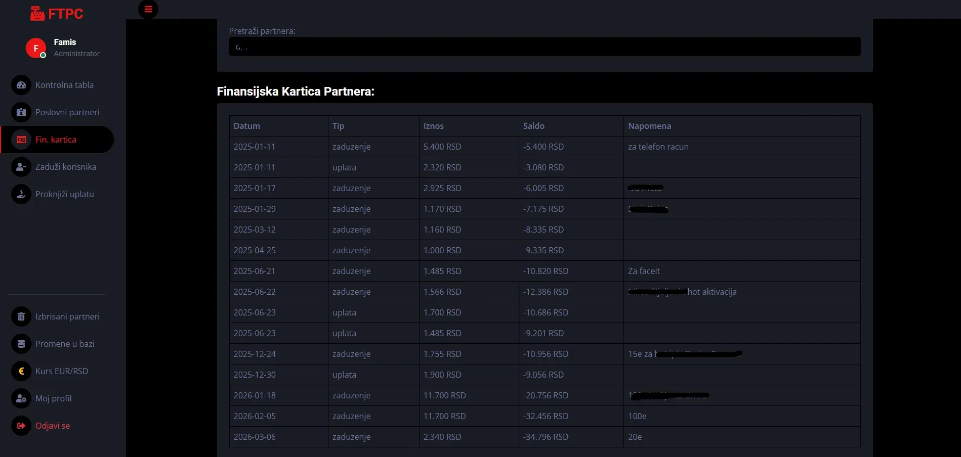 Partner financial card listing charges and payments with a running balance