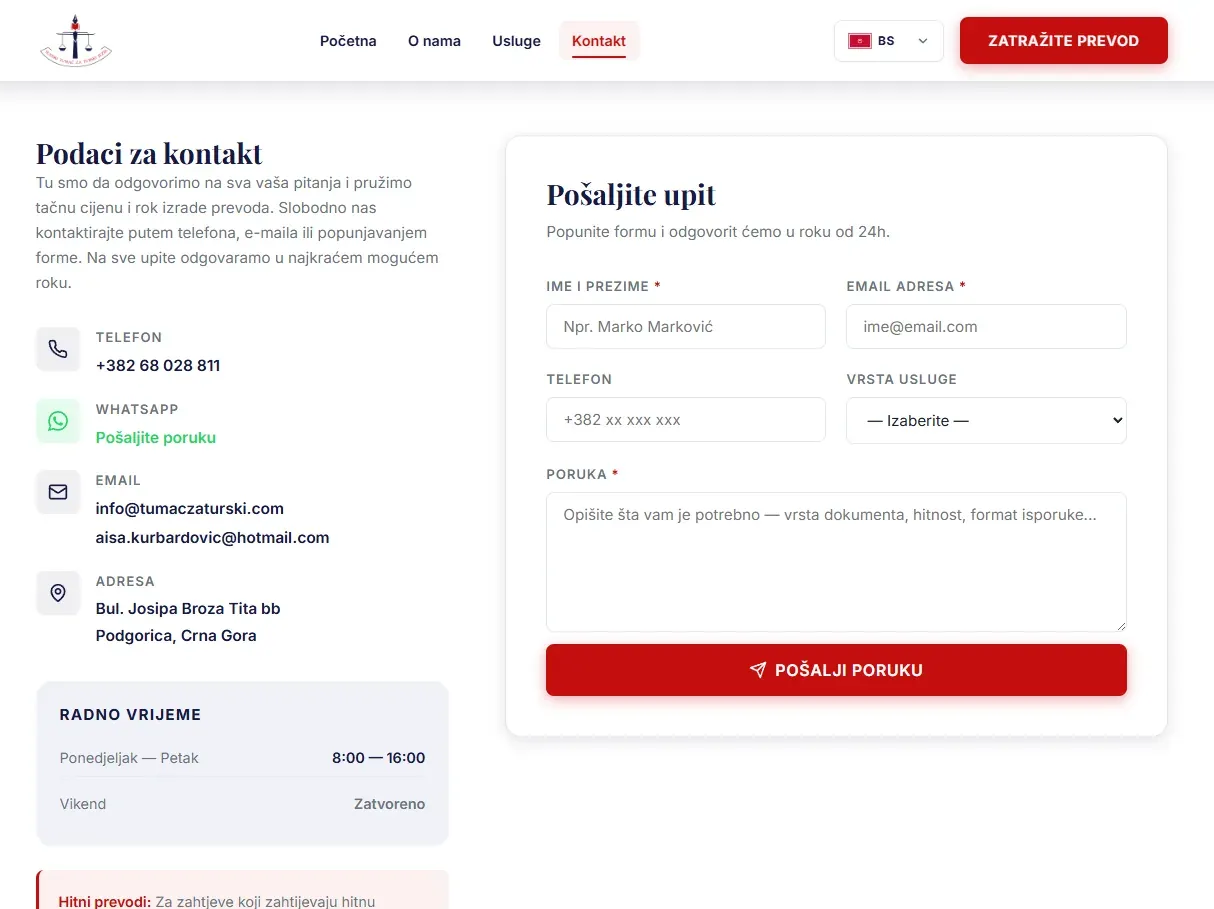 Kontakt strana sa formom za zahtev za prevod