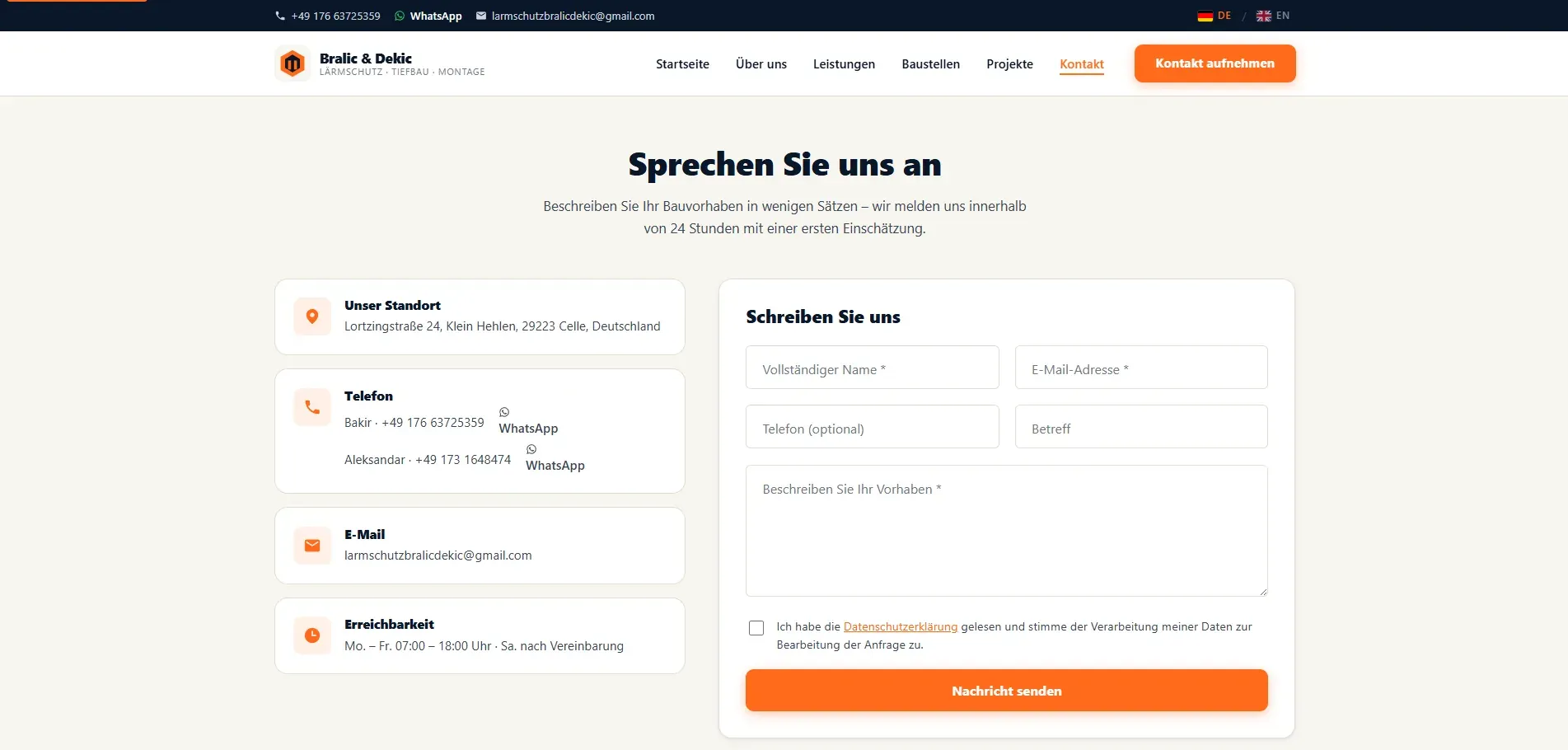 Contact page with a form and mandatory consent to data processing