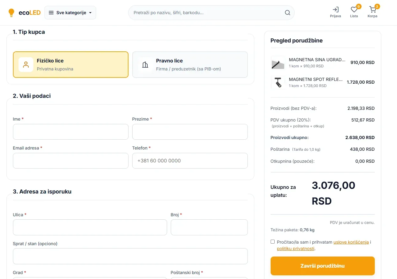 Checkout with a choice between private customer and company, and an order summary