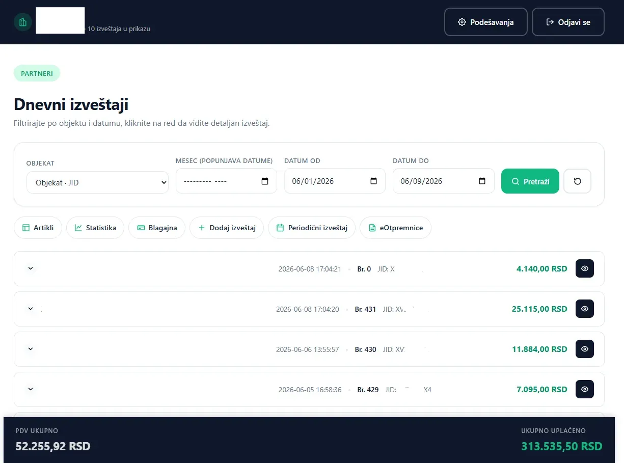 Partner zone listing daily reports, with filters by location and date