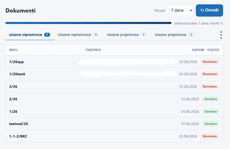 Pregled ulaznih i izlaznih otpremnica i prijemnica sa statusima