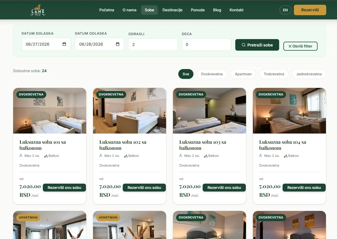 Room search results with filtering by room type