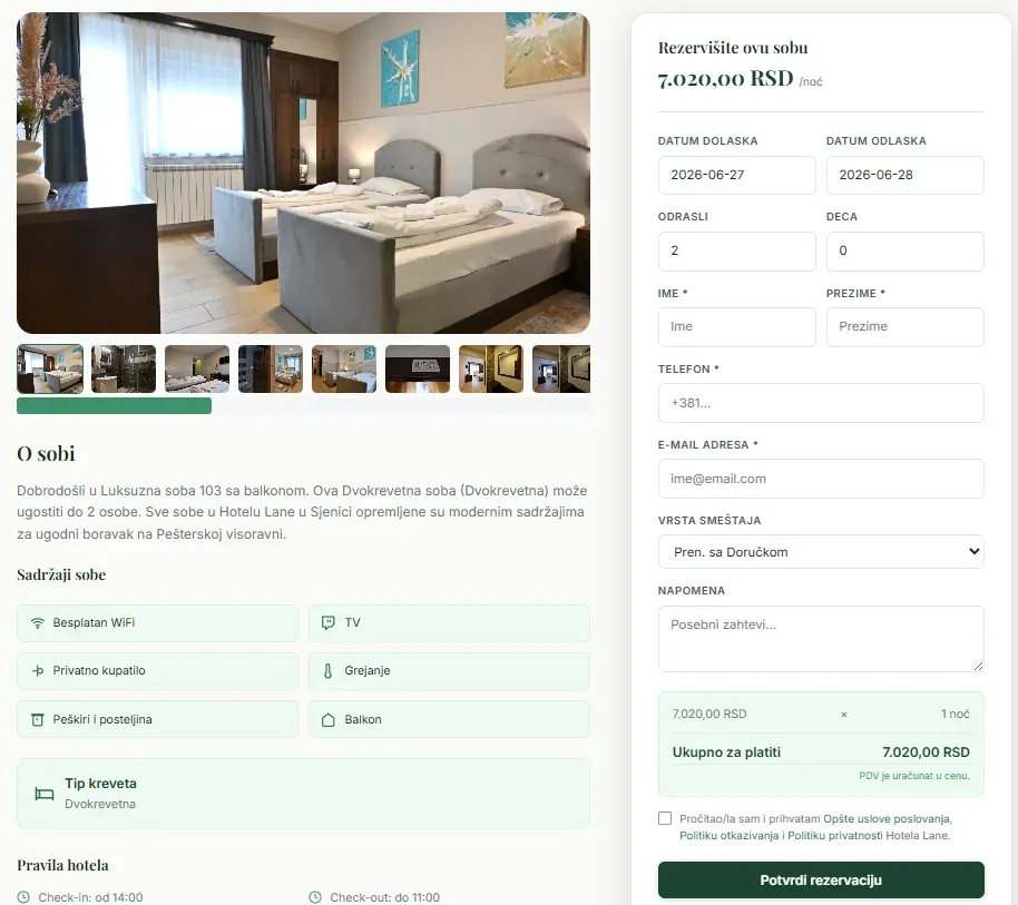 Room page with gallery and booking form
