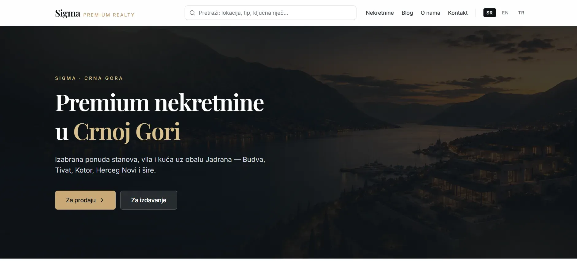 Naslovna strana portala Sigma Premium Realty sa pogledom na Boku i prekidačem jezika SR, EN i TR