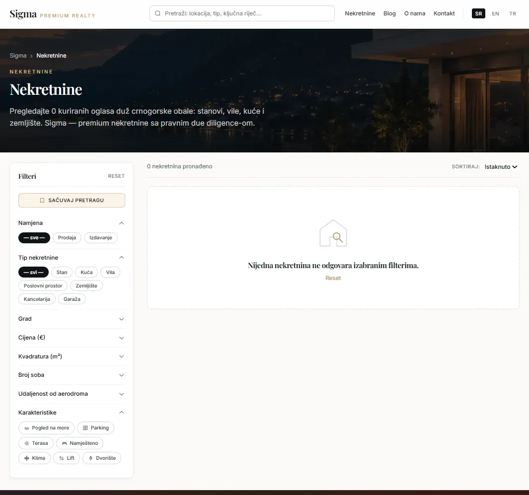 Property search with filters for purpose, type, city, price and features
