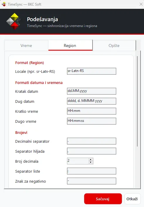 Regional settings tab — language, date and number formats