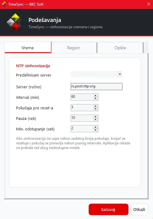 The TimeSync window, showing the NTP time synchronisation tab