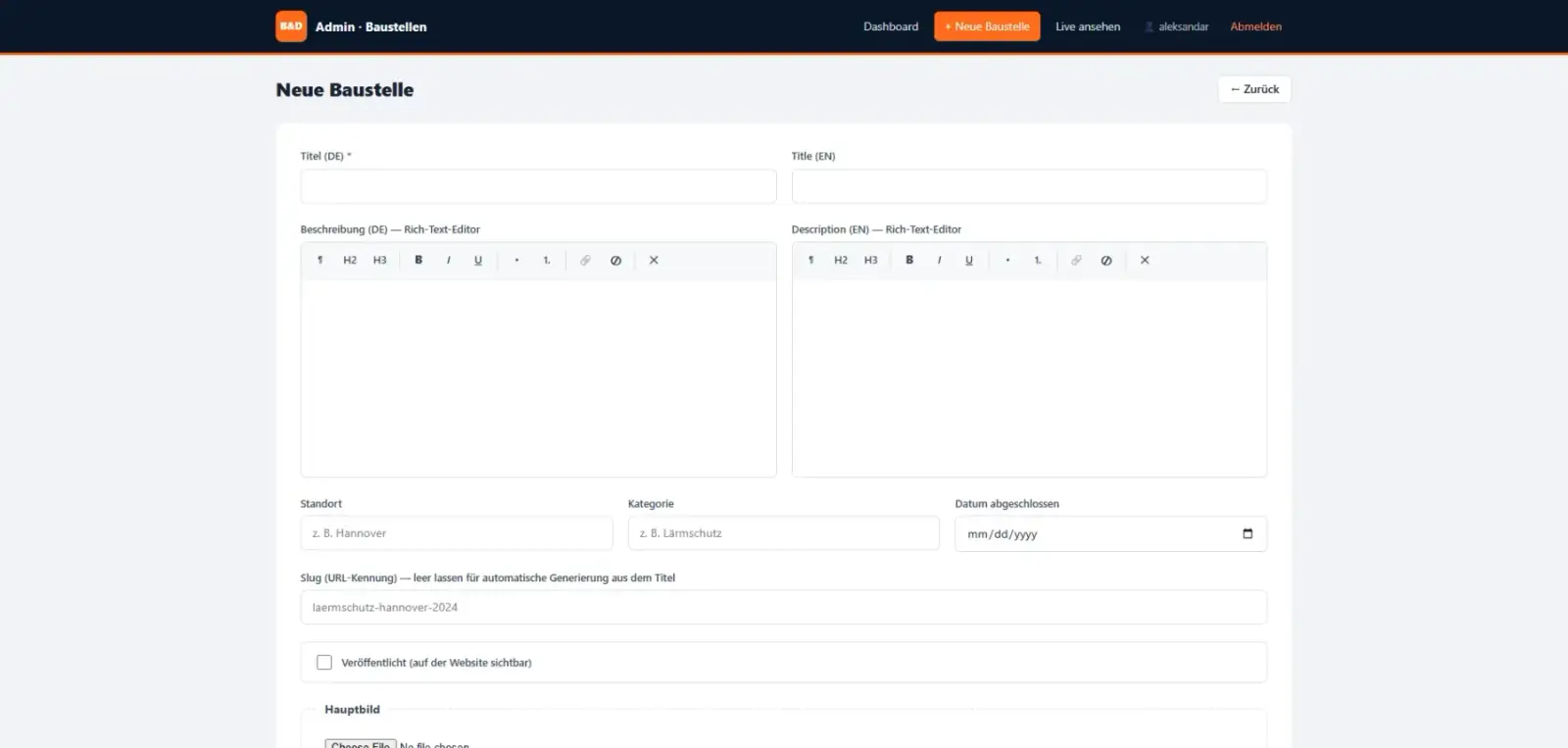 German admin panel: the form for a new site, with German and English fields side by side