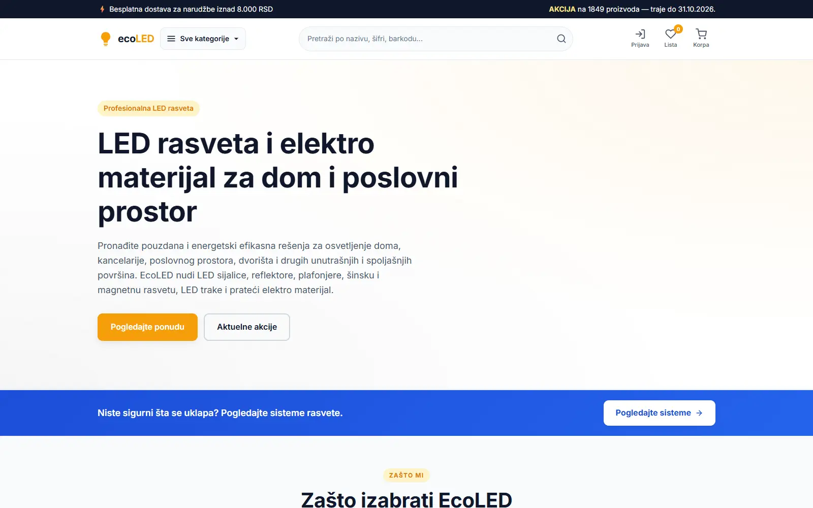 EcoLED store home page on a desktop: the headline LED lighting and electrical supplies for home and business, with search by name, code and barcode