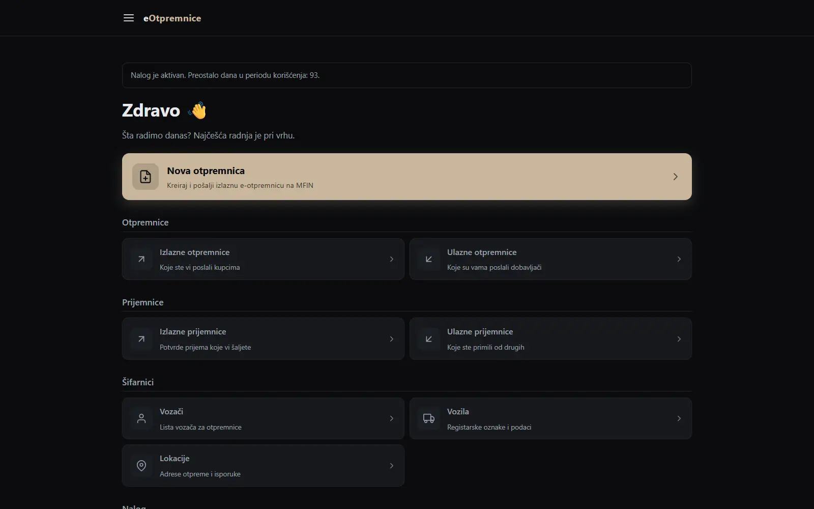 The e-delivery notes portal dashboard on a desktop: a New delivery note button at the top, then outgoing and incoming delivery notes, receipt notes and lists