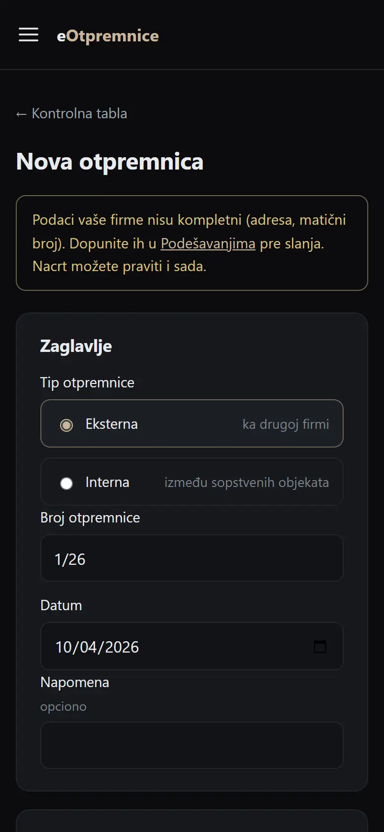 Forma za novu otpremnicu na telefonu: tip otpremnice, broj i datum