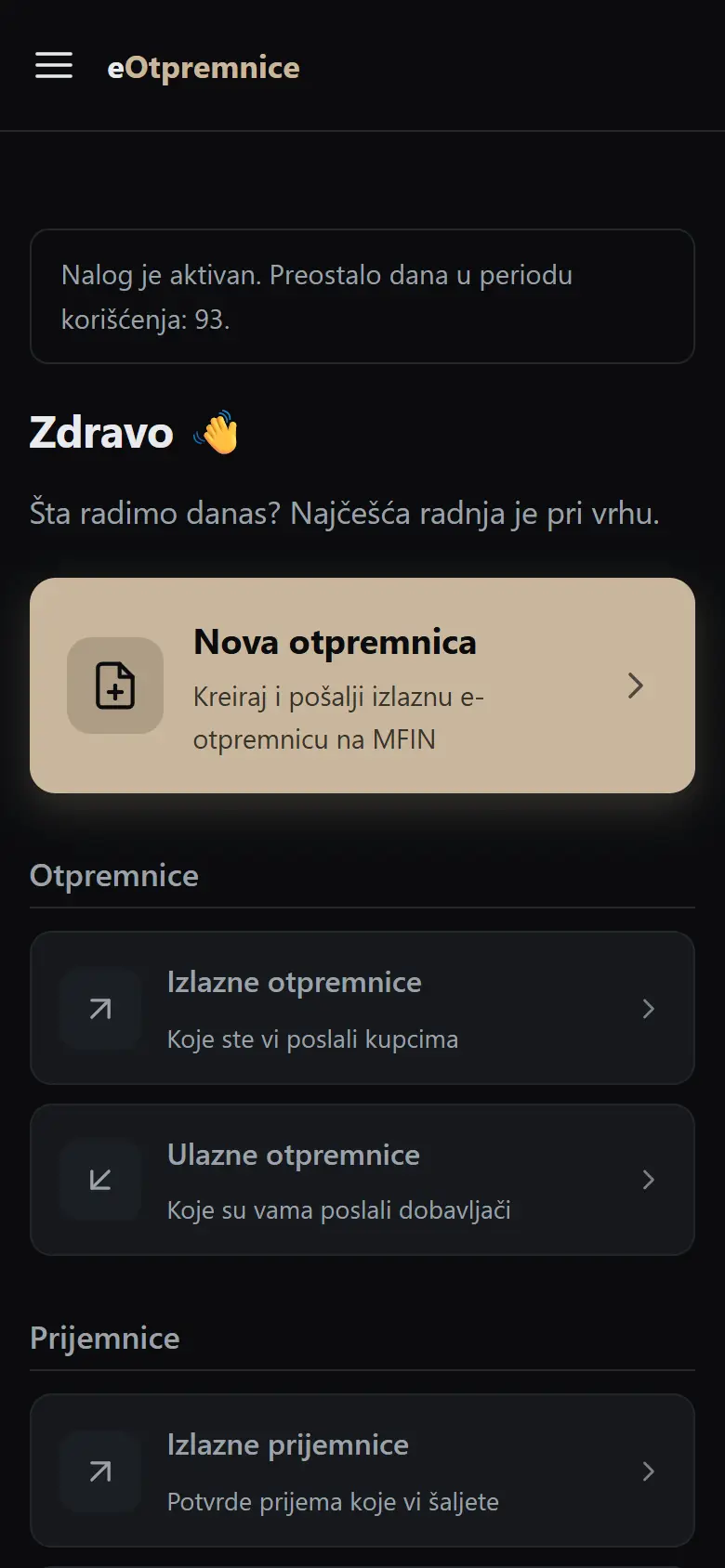 The same dashboard on a phone, with the New delivery note button at the top