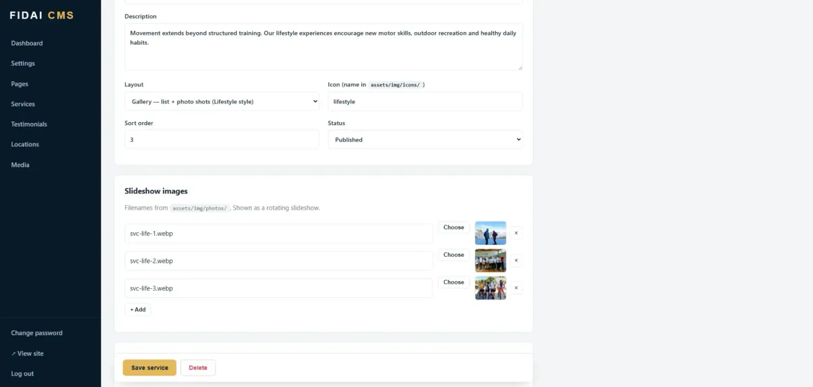 Editing one section: layout, icon, order, status and slideshow images