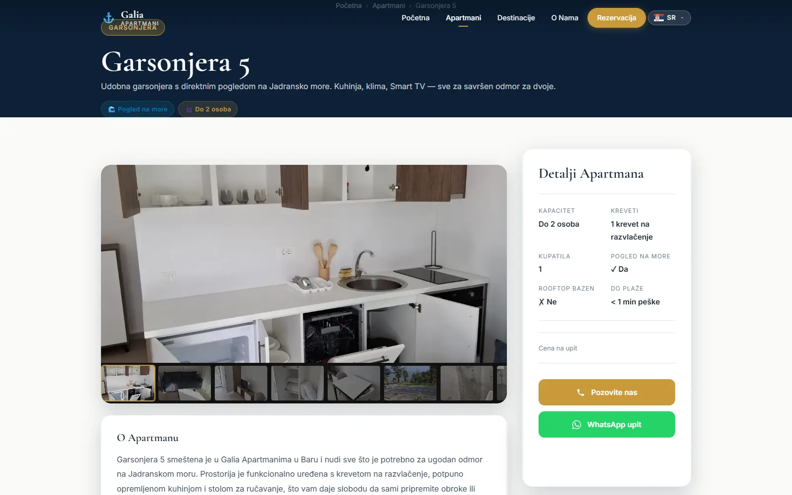 Stranica apartmana Garsonjera 5: galerija, detalji apartmana, cena na upit i dugmad Pozovite nas i WhatsApp upit