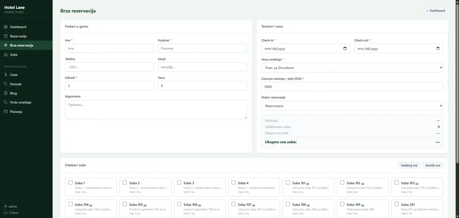 Admin panel, brza rezervacija: podaci o gostu, termin, cena i izbor više soba odjednom