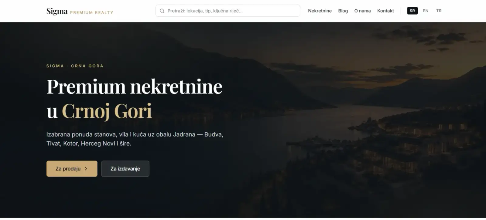 Naslovna strana portala Sigma Premium Realty: Premium nekretnine u Crnoj Gori, sa prekidačem jezika SR, EN i TR