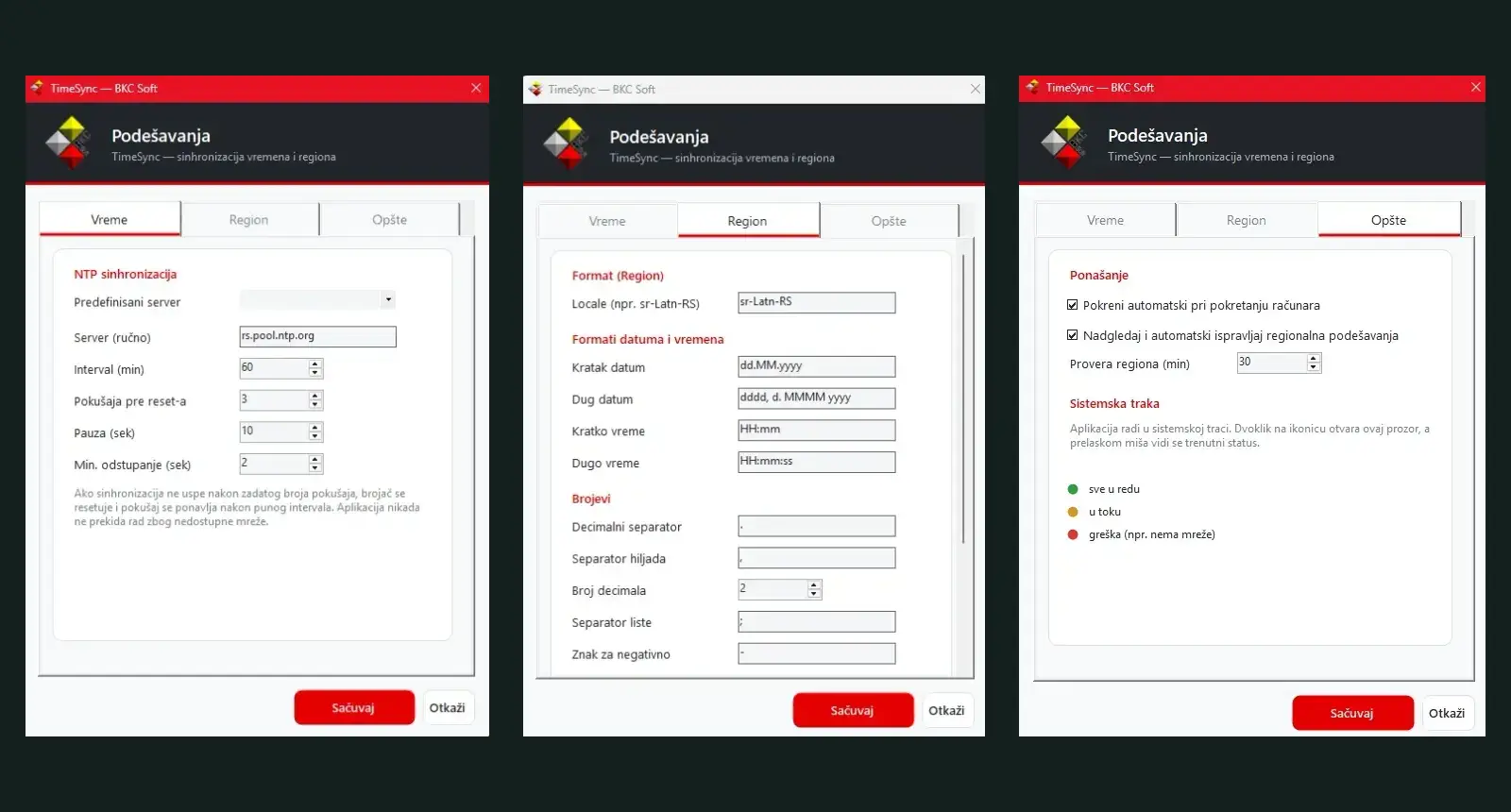 Tri kartice alata TimeSync: NTP sinhronizacija vremena, regionalna podešavanja sa formatima datuma i brojeva, i opšte ponašanje sa pokretanjem uz Windows