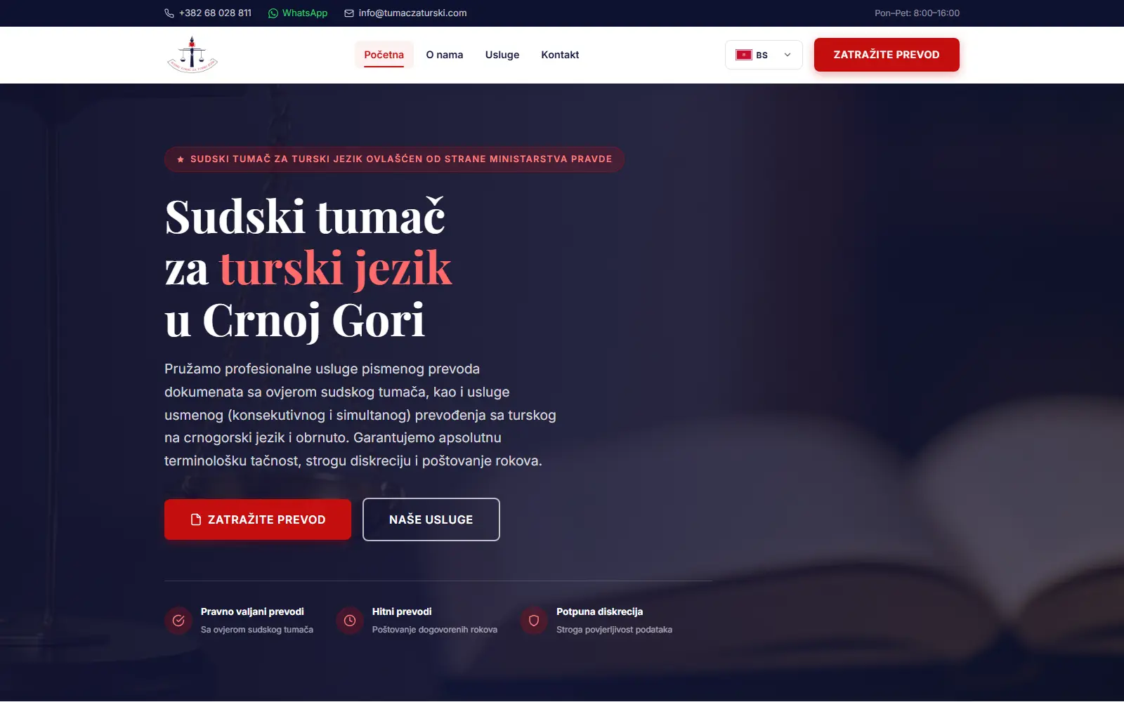 Naslovna strana sajta: Sudski tumač za turski jezik u Crnoj Gori, sa telefonom, WhatsApp-om i mejlom u traci na vrhu