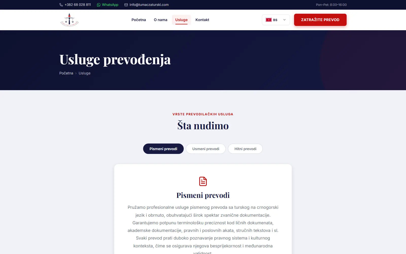 Stranica usluga sa izborom između pismenih, usmenih i hitnih prevoda